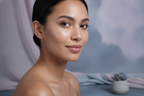 Close-up of a woman's face, her skin visibly clear, smooth, and radiant after using the 5-in-1 Beauty Tools.