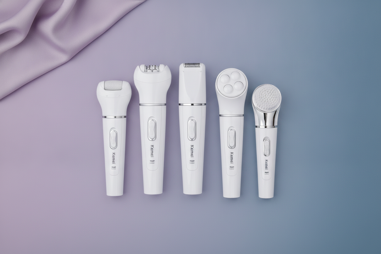 Flat lay of a Kemei 5-in-1 Beauty Tools Kit with multiple attachments, arranged on a slate blue and dusty lilac surface with 